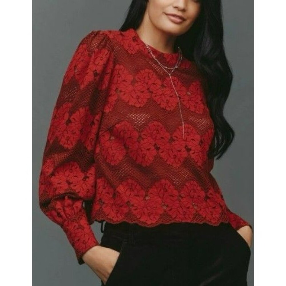 NWT Dolan Anthropologie Large Red Sheer Lace Women's Top Elegant Festive Floral